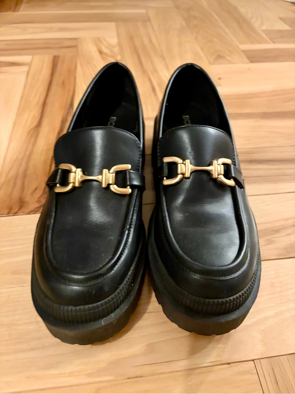 BCBGeneration Black Leather Loafers with Gold Bit Detail